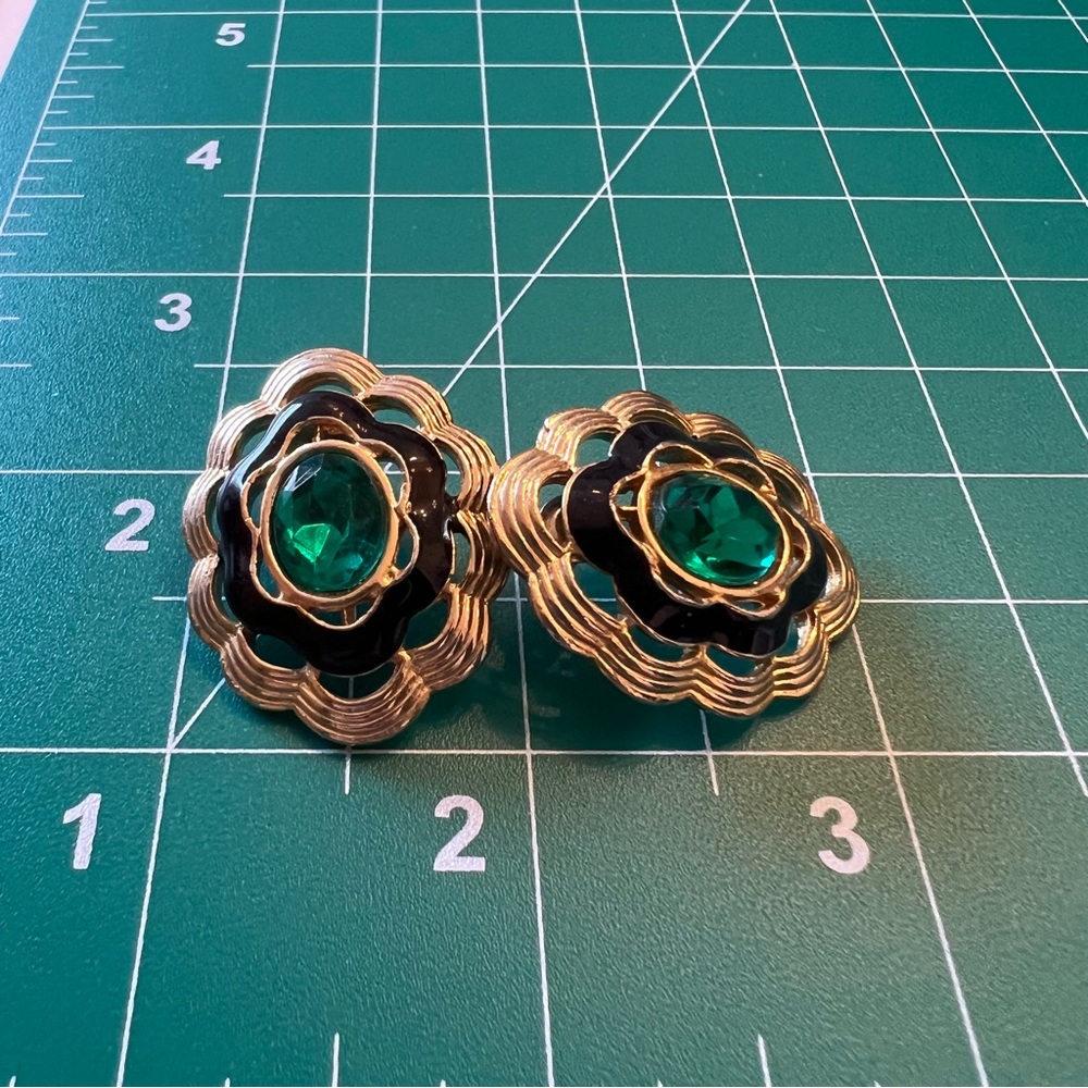 - $3 when bundled Vintage green crystal Gold tone with Black enamel earr…